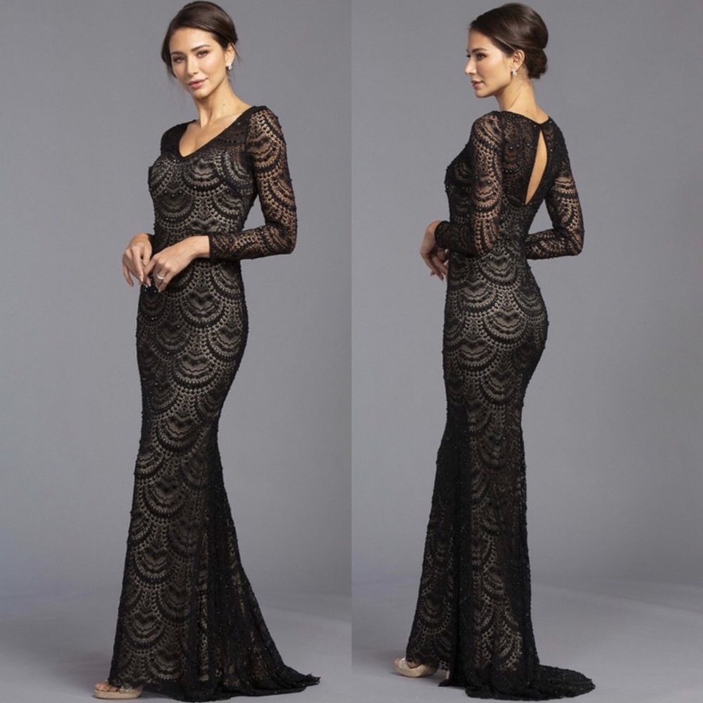 Black & Nude Evening Gown With abraded Lace.